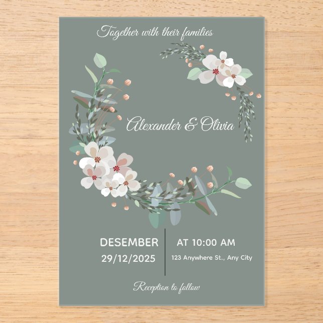 Elegant White & Green Acrylic Wedding Invitation Acryleinladungen (Vorderseite)
