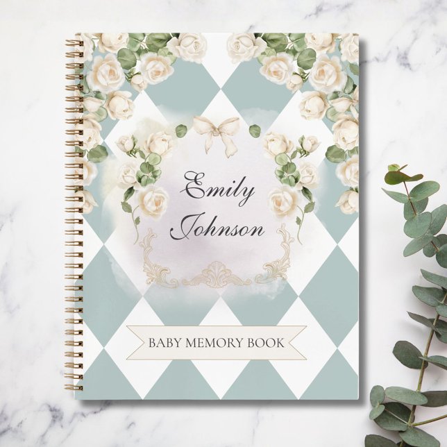 Elegant White Green Roses Baby Girl Memory Book Notizbuch (In situ)
