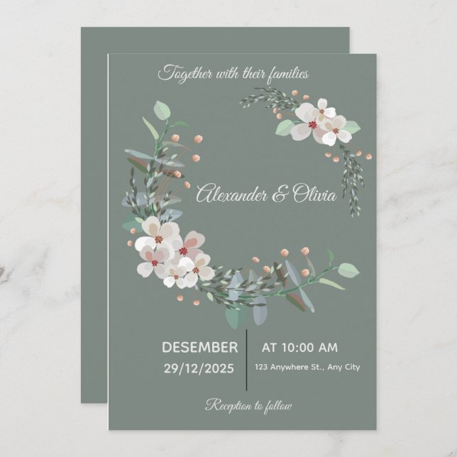 Elegant White & Green Wedding Invitation Einladung (Vorne/Hinten)