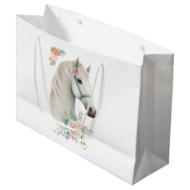 Elegant White Horse Boho Floral Große Geschenktüte (Vorderseite Schrägansicht)