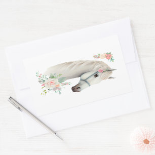 Elegant White Horse Boho Floral Rechteckiger Aufkleber