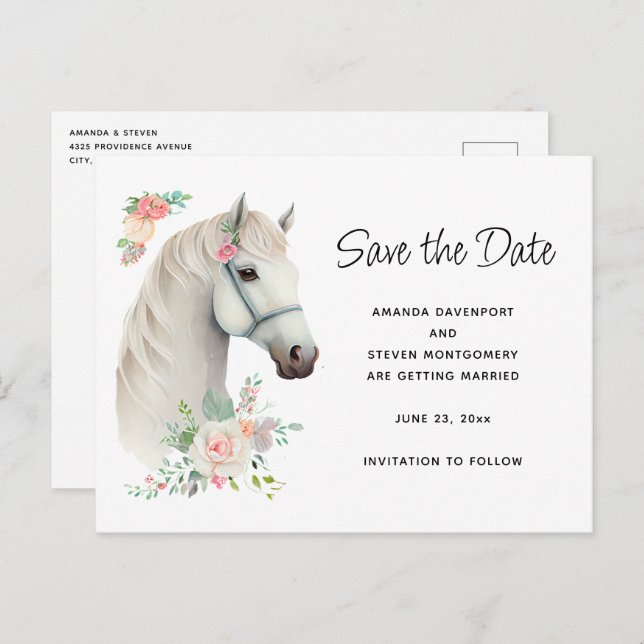 Elegant White Horse Boho Floral Save the Date Einladungspostkarte (Vorne/Hinten)