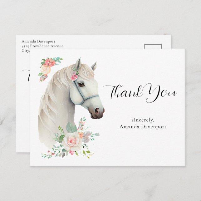 Elegant White Horse Boho Floral Vielen Dank Postkarte (Vorne/Hinten)