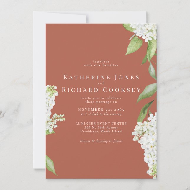 Elegant White Hydrangea Cinnamon Wedding Einladung (Vorderseite)