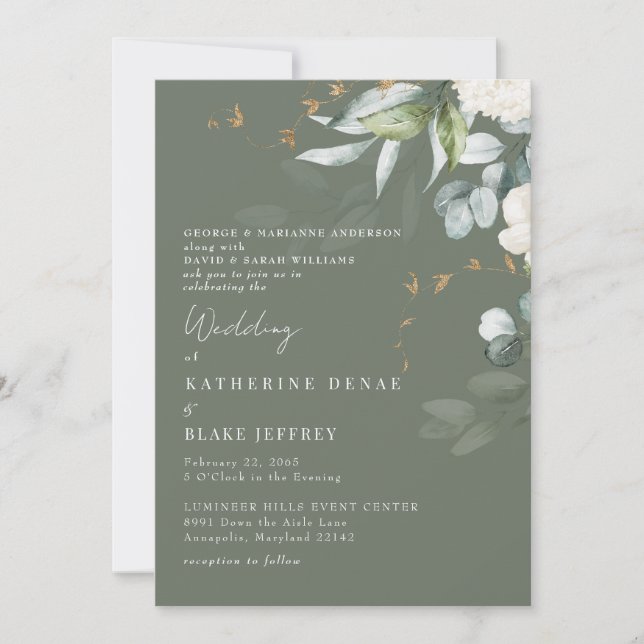 Elegant White Hydrangea Rich Sage Wedding II Einladung (Vorderseite)