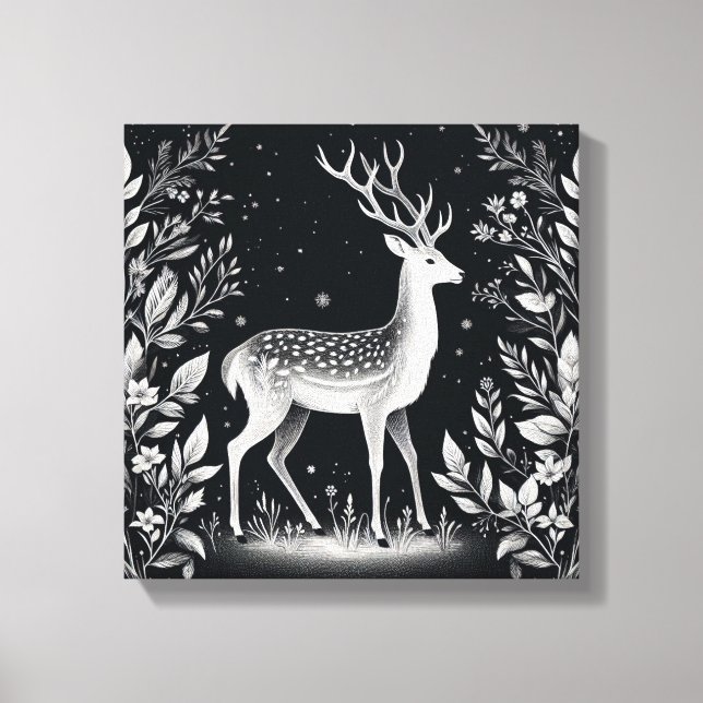 Elegant White Ink Deer in Botanical Frame Leinwanddruck (Vorderseite)