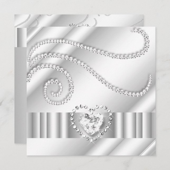 Elegant White Jewel Diamonds Silver Birthday Party Einladung (Vorne/Hinten)