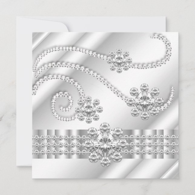 Elegant White Jewel Diamonds Silver Birthday Party Einladung (Vorderseite)