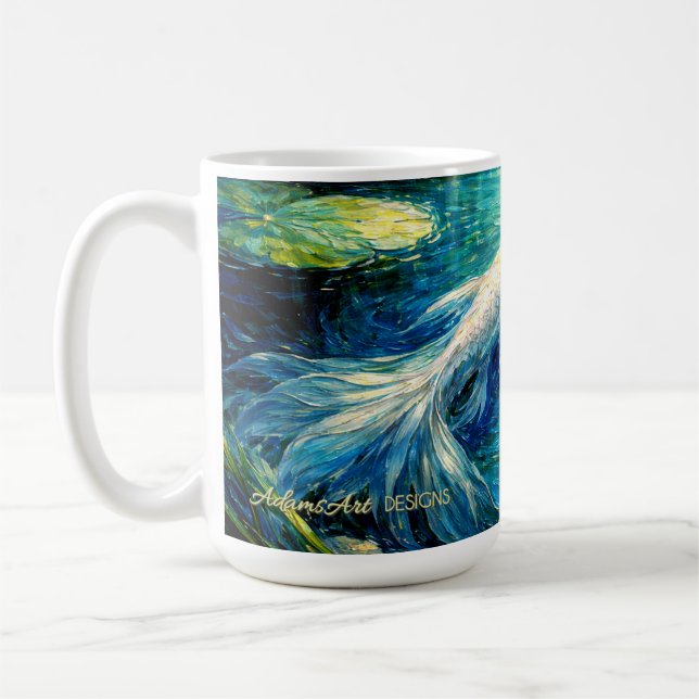 Elegant White Koi & Water Lily Impressionist Art Kaffeetasse (Links)