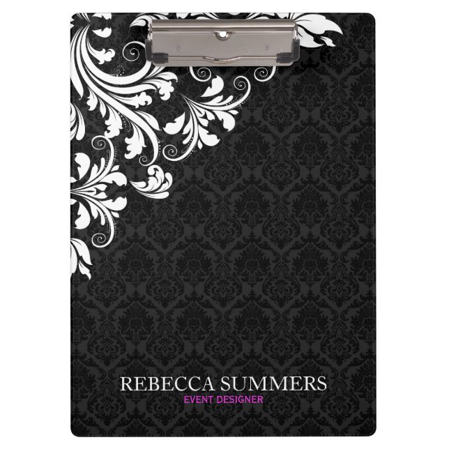 Elegant White Lace Black Damasks Klemmbrett (Vorderseite)