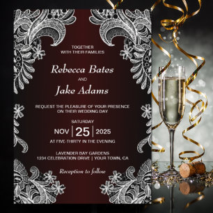 Elegant White Lace Burgundy Wedding Einladung