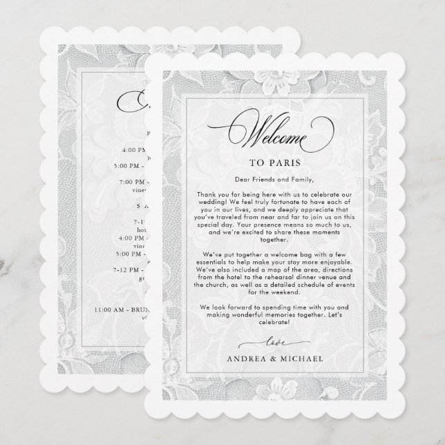 Elegant White Lace Wedding Welcome Itinerary Card Einladung (Vorne/Hinten)