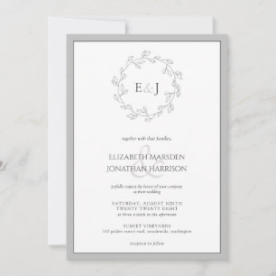 Elegant-White-Leaf-Wreath-Monogramm-Hochzeit Einladung