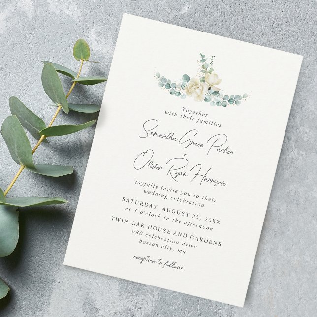 Elegant White Magnolia Eucalyptus Bouquet Wedding Einladung (Elegant White Magnolia Eucalyptus Bouquet Wedding Invitation)