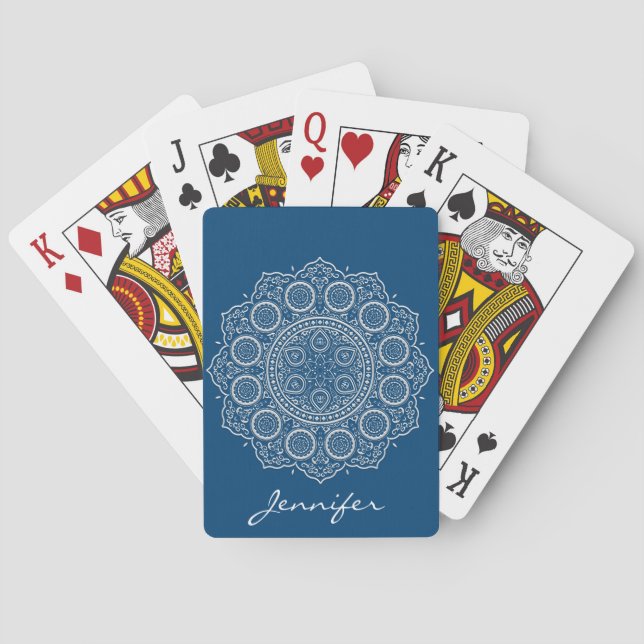 Elegant White Mandala On Blue Spielkarten (Rückseite)