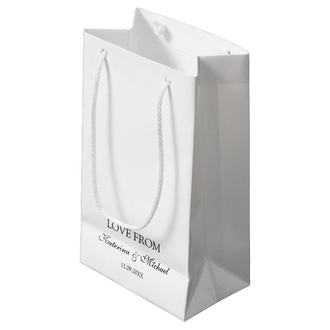 Elegant White Minimalistisch Wedding Script Gesche Kleine Geschenktüte (Vorderseite Schrägansicht)