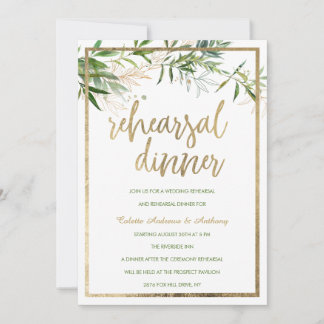Elegant white mint gold foliage Rehearsal Dinner Einladung