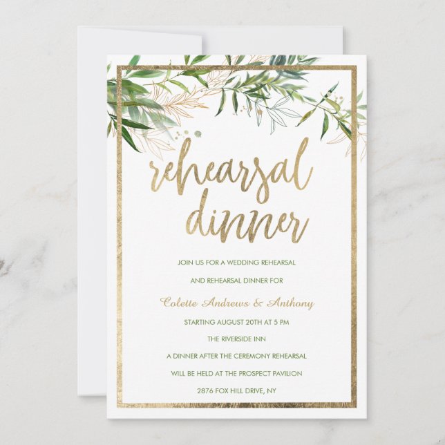 Elegant white mint gold foliage Rehearsal Dinner Einladung (Vorderseite)