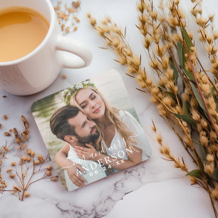 Elegant White Mr. und Mrs. Monogram Foto Wedding Rechteckiger Pappuntersetzer