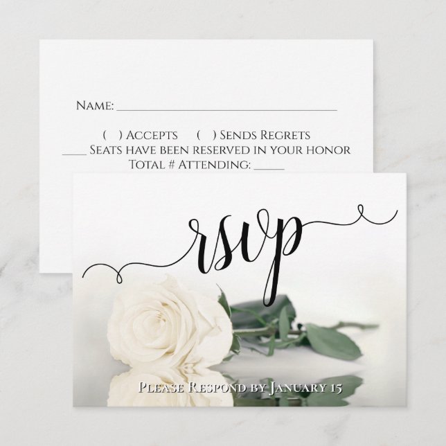 Elegant White or Ivory Reflecting Rose Wedding RSVP Karte (Vorne/Hinten)
