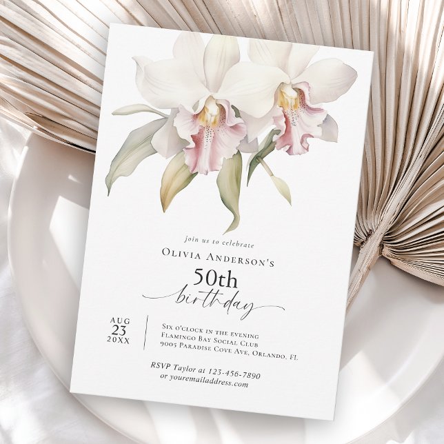 Elegant White Orchids Floral 50th Birthday Einladung (Available in both printed and instant download digital formats.)