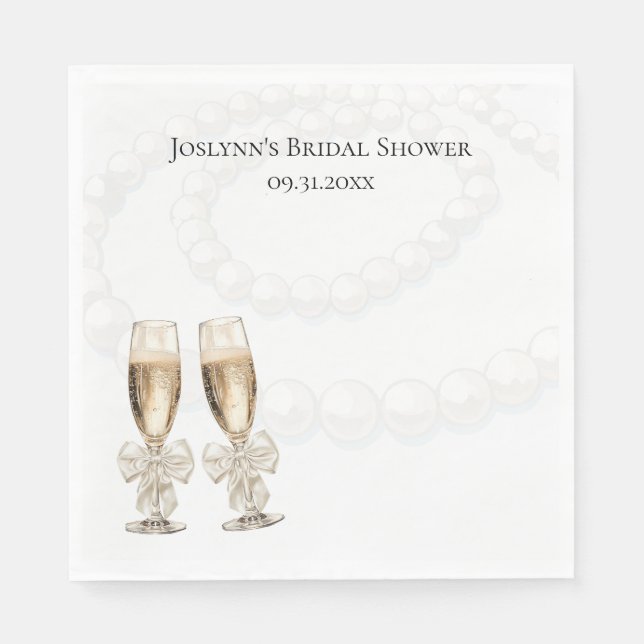 Elegant White Pearls & Prosecco Bridal Shower Serviette (Vorderseite)