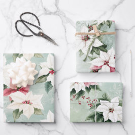 Elegant White Pink Christmas Poinsettias Geschenkpapier Set