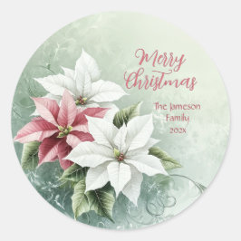Elegant White Pink Christmas Poinsettias Runder Aufkleber