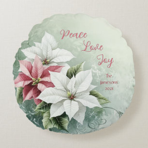 Elegant White Pink Christmas Poinsettias Rundes Kissen