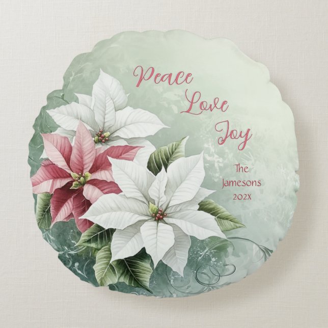 Elegant White Pink Christmas Poinsettias Rundes Kissen (Vorderseite)