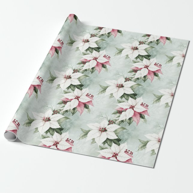 Elegant White Pink Poinsettias Weihnachten Geschenkpapier (Ungerollt)