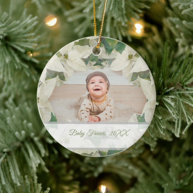 Elegant White Poinsettia Baby Photo Keramik Ornament (Baum)