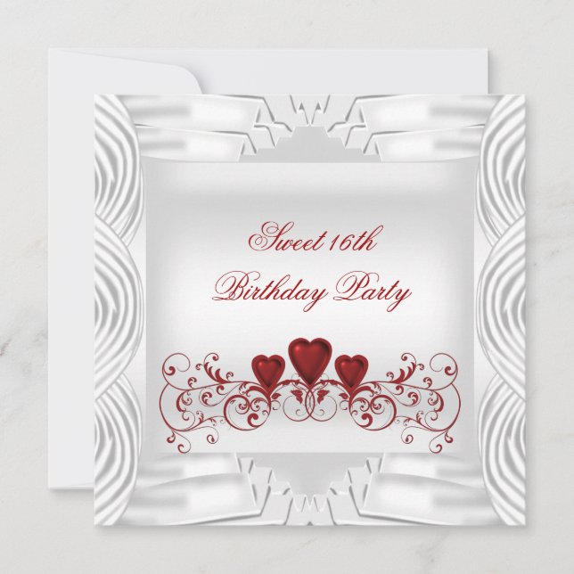 Elegant White Red Hearts Sweet 16 Einladung (Vorderseite)