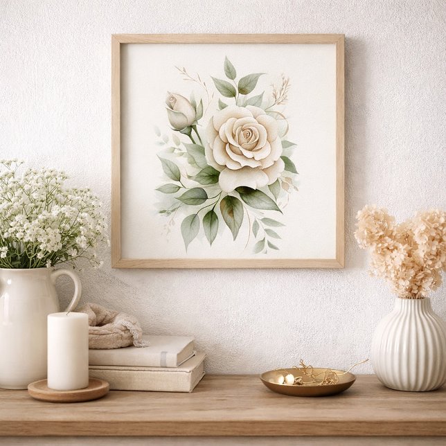 Elegant White Rose Botanical Greenery Neutral  Poster (White roses and greenery wall art)