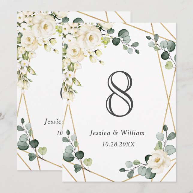 Elegant White Rose Eucalyptus Wedding Tischnummer (Vorne/Hinten)
