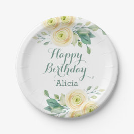 Elegant White Rose Flora Grün Geburtstag Pappteller