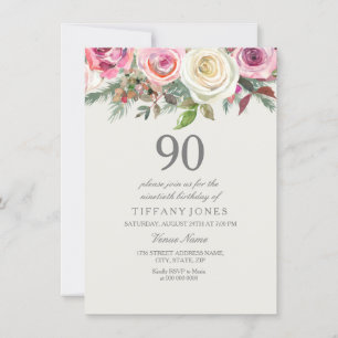 Elegant White Rose Floral 90. Geburtstag Einladung