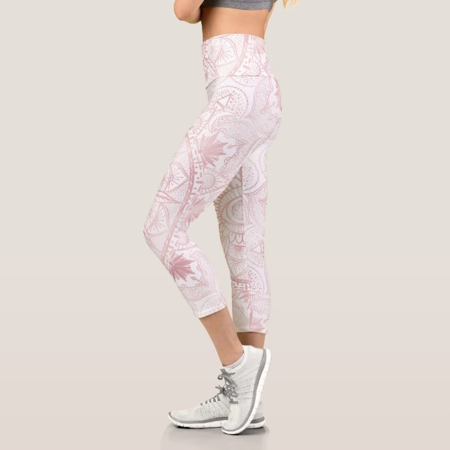 Elegant White Rose Gold Eye Sun Moon Mandala Capri Leggings (Links)