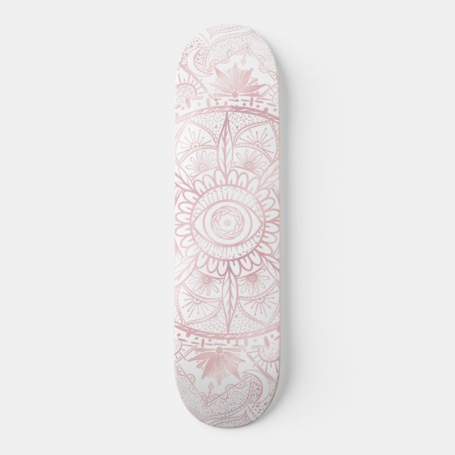 Elegant White Rose Gold Eye Sun Moon Mandala Skateboard (Vorderseite)