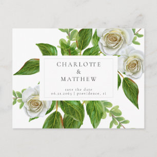 Elegant White Rose Greenery Einfach Save the Date Postkarte