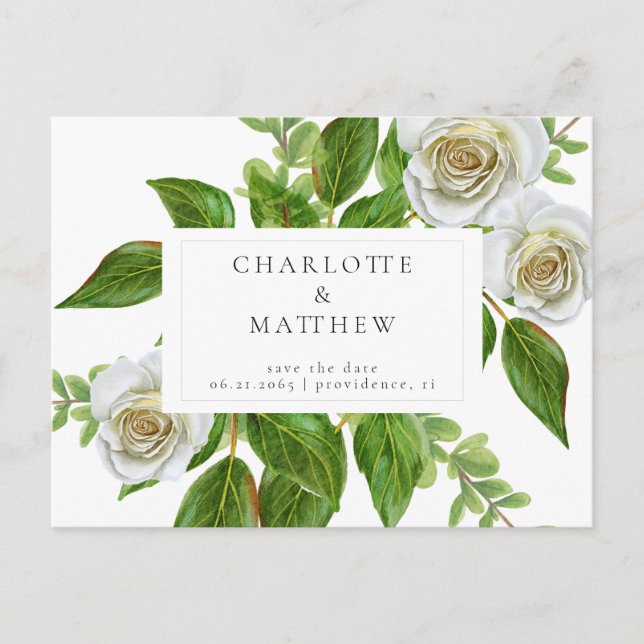 Elegant White Rose Greenery Einfach Save the Date Postkarte (Vorderseite)
