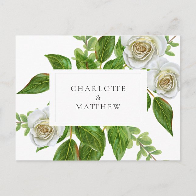 Elegant White Rose Greenery White Wedding Postkarte (Vorderseite)