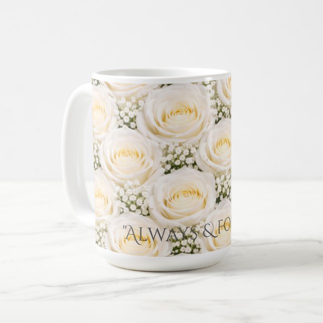 Elegant White Rose Personalized Name Mug Kaffeetasse (Vorderseite Links)