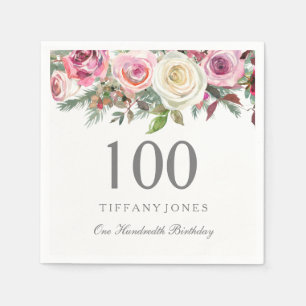 Elegant White Rose Pink Floral 100. Geburtstag Serviette