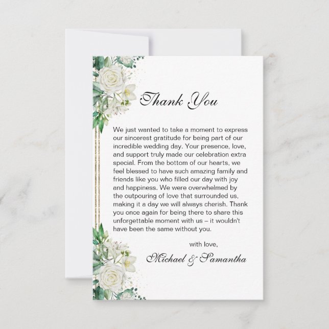 Elegant White Rose und Lilies Wedding Dankeskarte (Vorderseite)