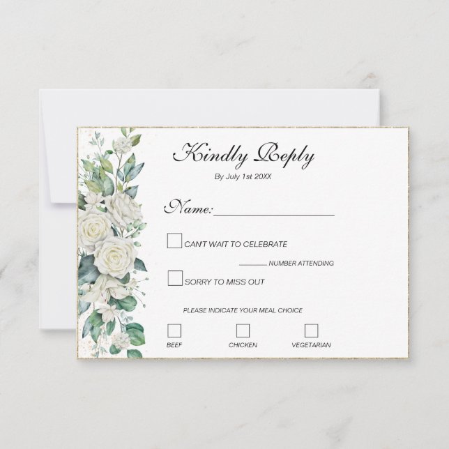 Elegant White Rose und Lilies Wedding RSVP Karte (Vorderseite)