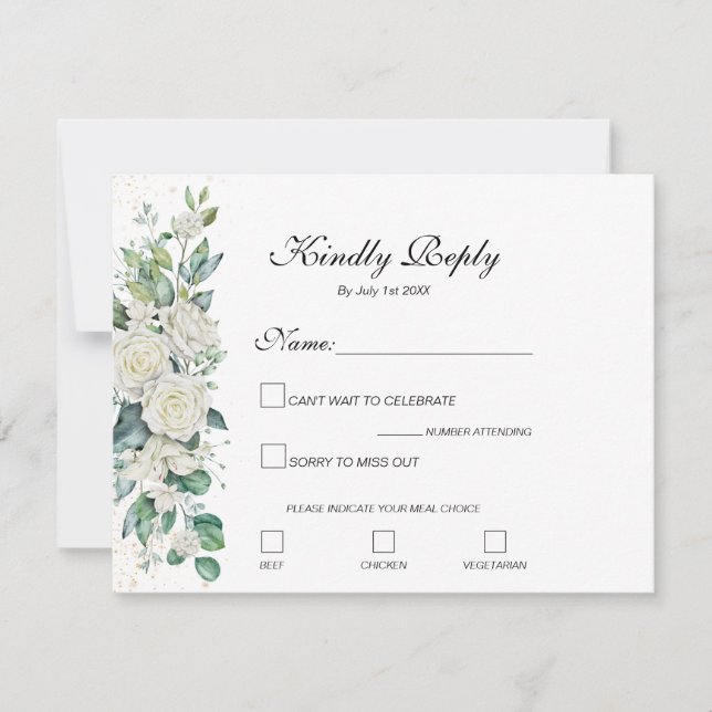 Elegant White Rose und Lilies Wedding RSVP Karte (Vorderseite)