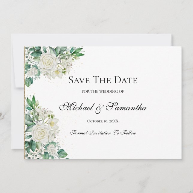 Elegant White Rose und Lilies Wedding Save The Date (Vorderseite)