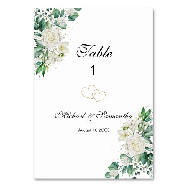 Elegant White Rose und Lilies Wedding Tischnummer (Vorderseite)