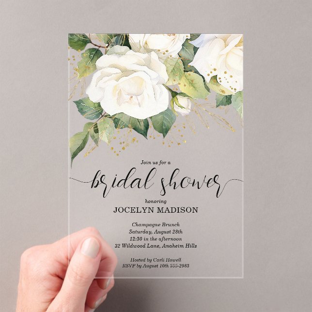 Elegant White Roses Bridal Shower Acrylic Invitati Acryleinladungen (Insitu (Handheld))